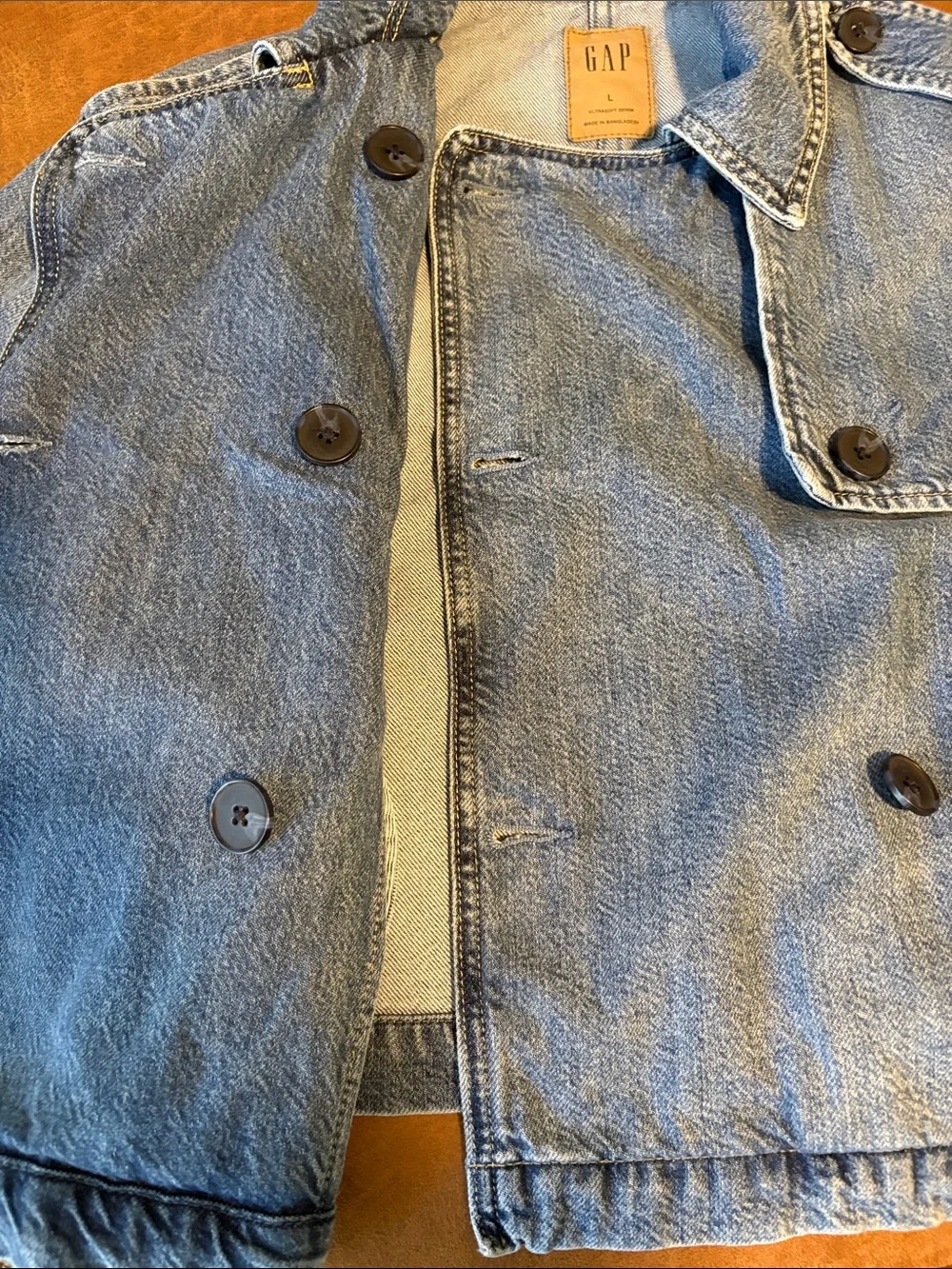 GAP Denim Trench Jacket Women’s Large Cropped Double Breasted Light Wash - Picture 9 of 11